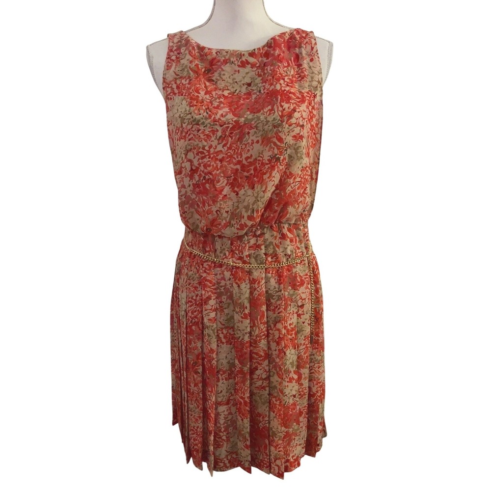 Ralph Lauren Coral fit and flare with adjustable‎ gold chain belt accent